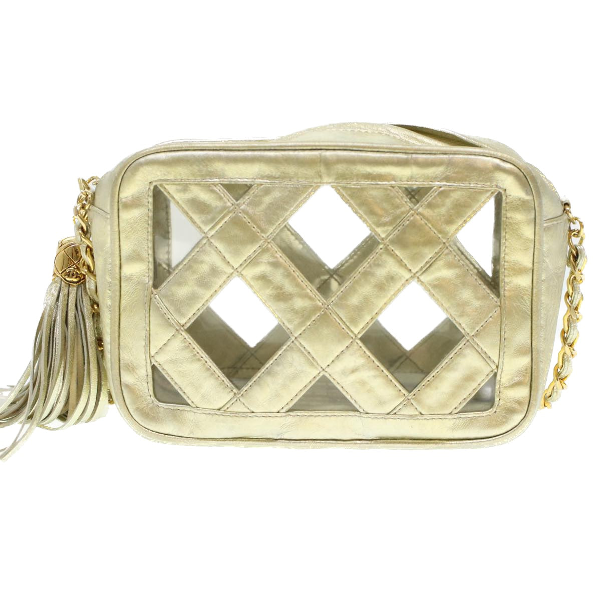 CHANEL Fringe Chain Shoulder Bag Lamb Skin Gold CC Auth 44673