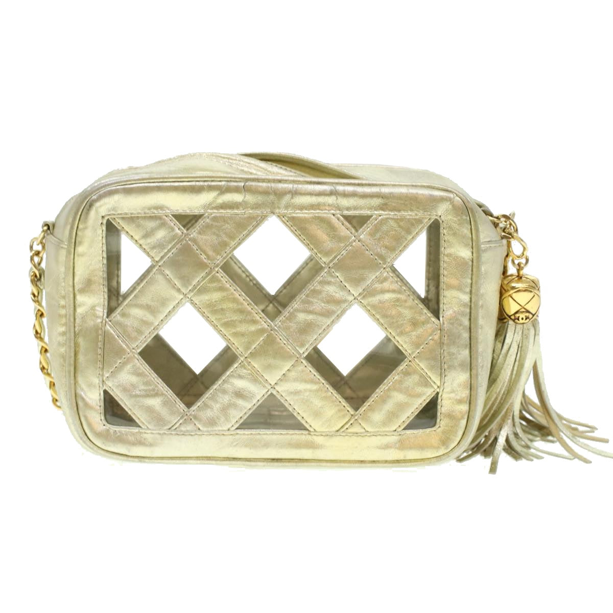 CHANEL Fringe Chain Shoulder Bag Lamb Skin Gold CC Auth 44673