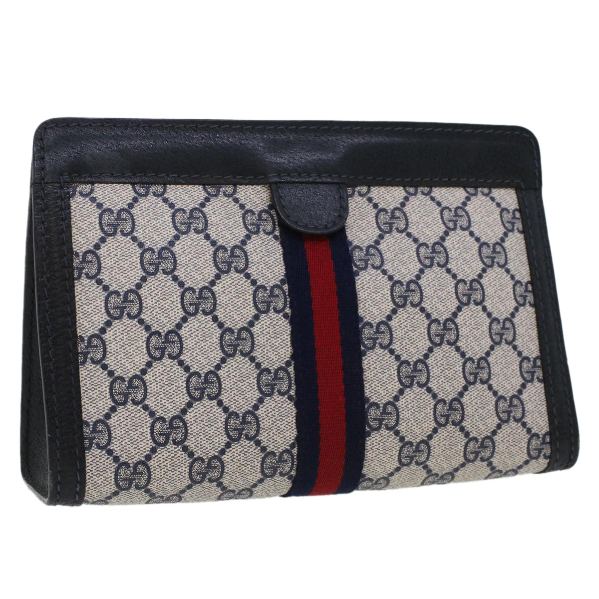 GUCCI GG Canvas Sherry Line Clutch Bag Gray Red Navy
