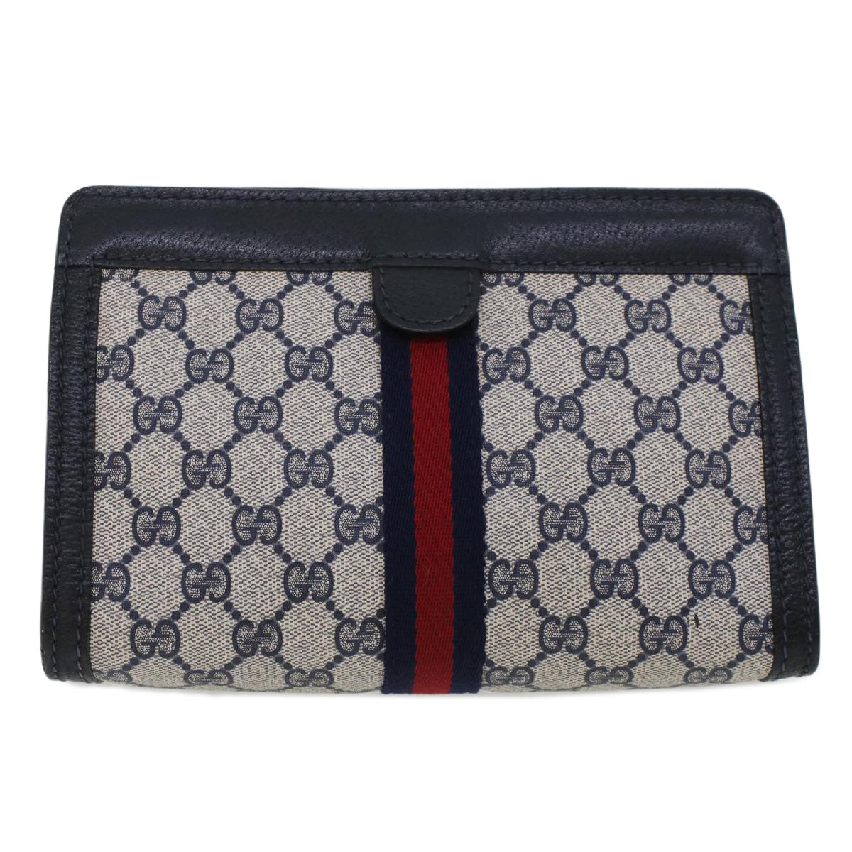 GUCCI GG Canvas Sherry Line Clutch Bag Gray Red Navy