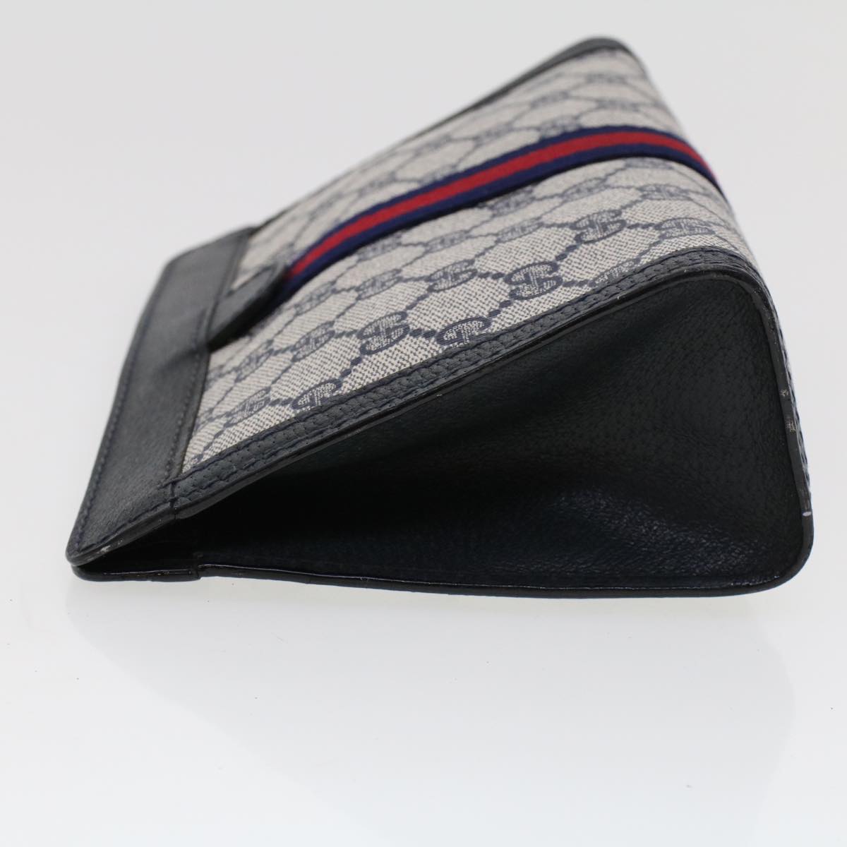 GUCCI GG Canvas Sherry Line Clutch Bag Gray Red Navy