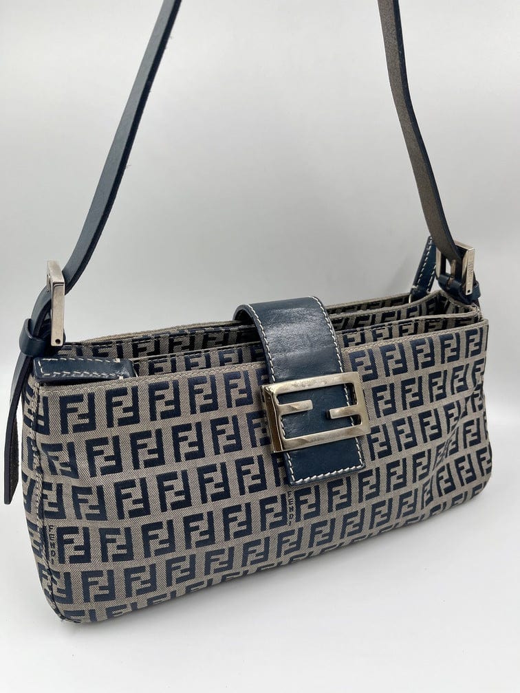 Vintage Fendi Shoulder Bag Beige / Navy Zucca Canvas