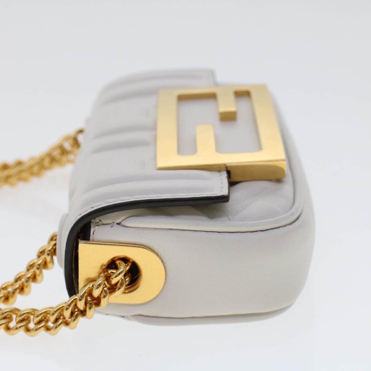 FENDI Zucca Canvas Nano Baguette Chain Shoulder Bag Leather White  47061