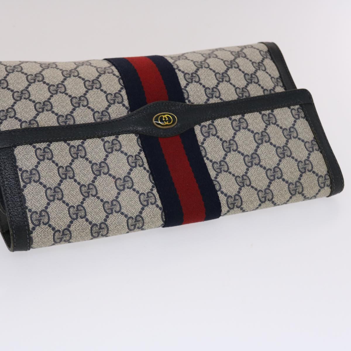 GUCCI GG Canvas Sherry Line Clutch Bag PVC Leather Navy Red