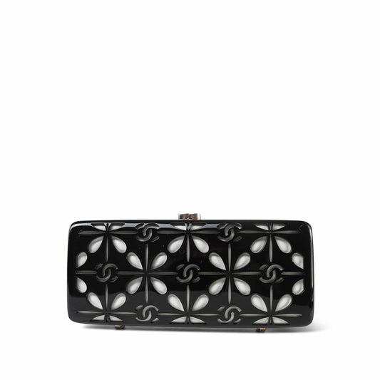 Black White CC Acrylic Minaudiere Box Clutch On Chain Silver Hardware
