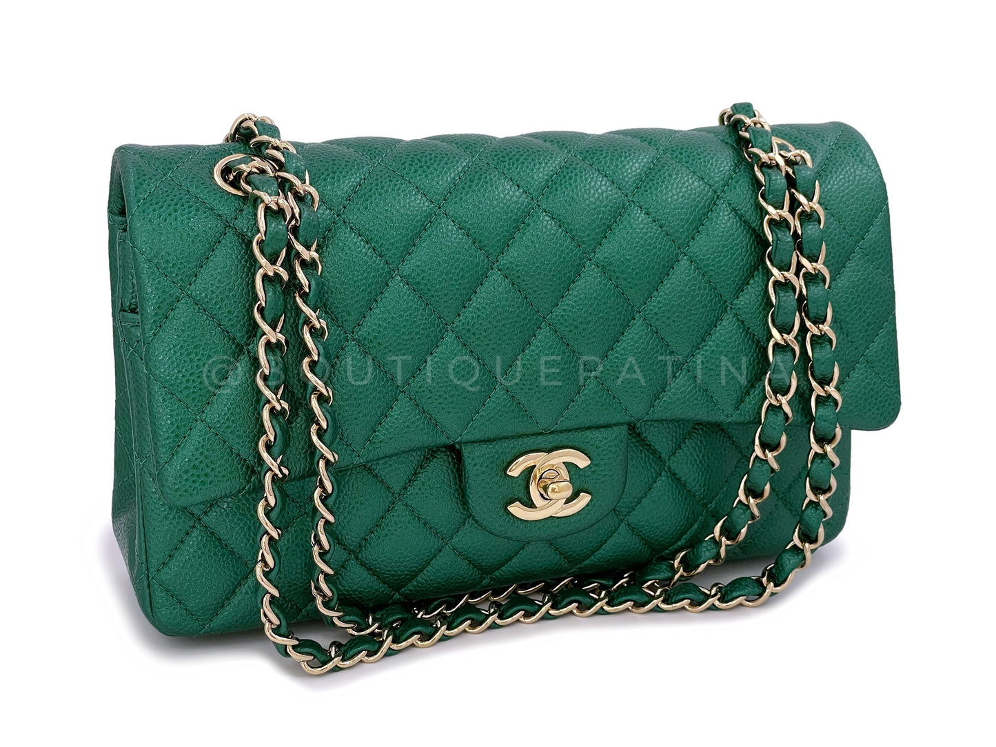 18S Chanel Iridescent Pearly Emerald Green Caviar Medium Classic Double Flap Bag GHW