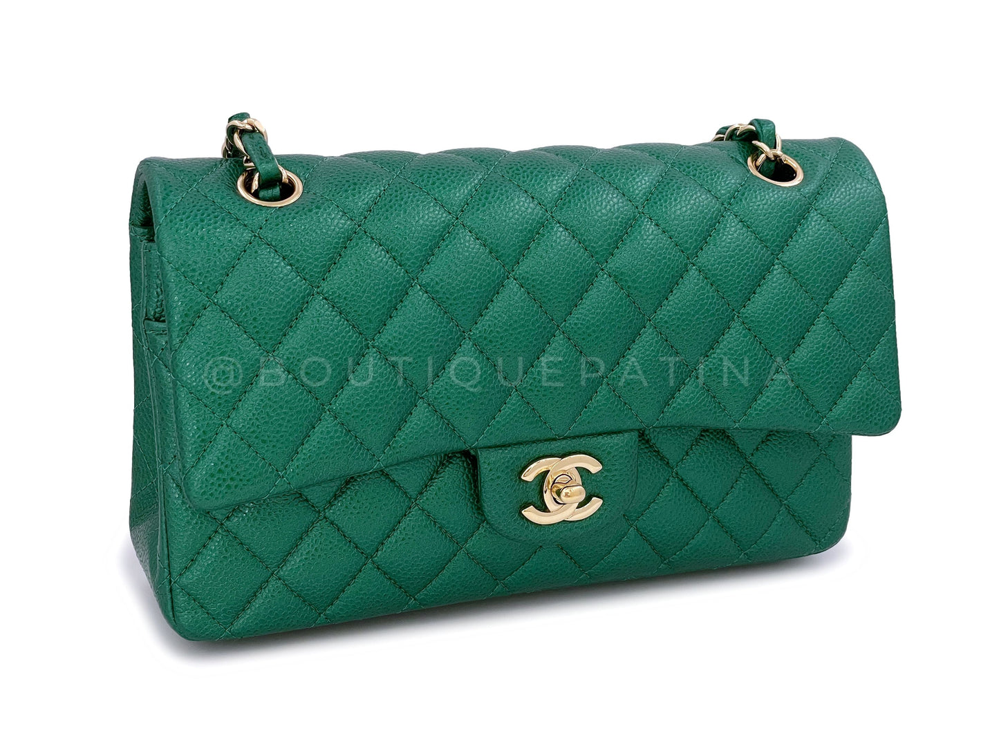 18S Chanel Iridescent Pearly Emerald Green Caviar Medium Classic Double Flap Bag GHW