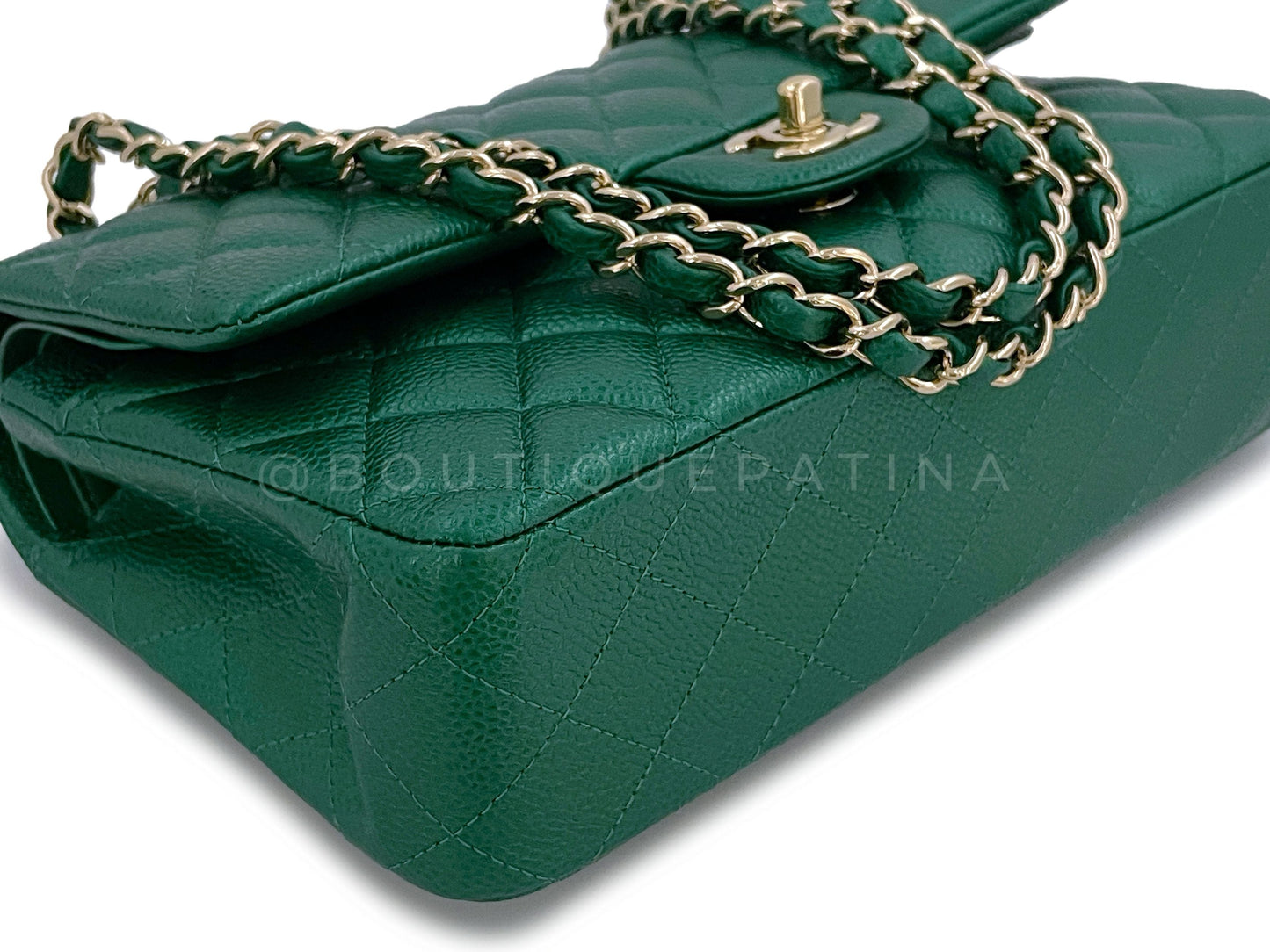 18S Chanel Iridescent Pearly Emerald Green Caviar Medium Classic Double Flap Bag GHW