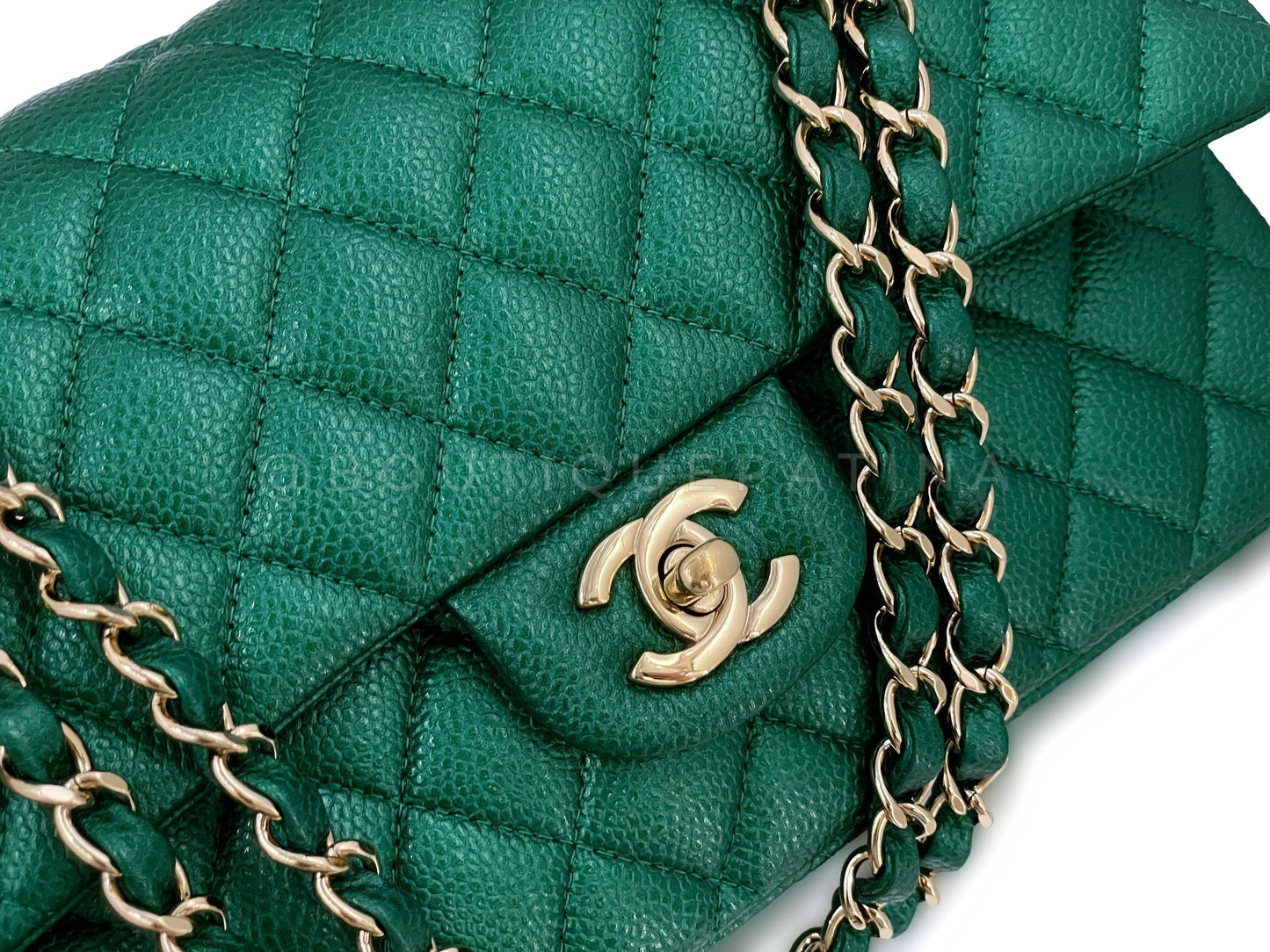 18S Chanel Iridescent Pearly Emerald Green Caviar Medium Classic Double Flap Bag GHW