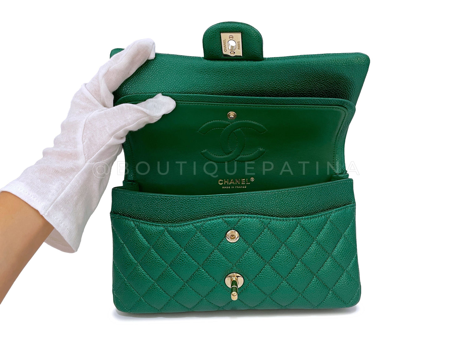 18S Chanel Iridescent Pearly Emerald Green Caviar Medium Classic Double Flap Bag GHW