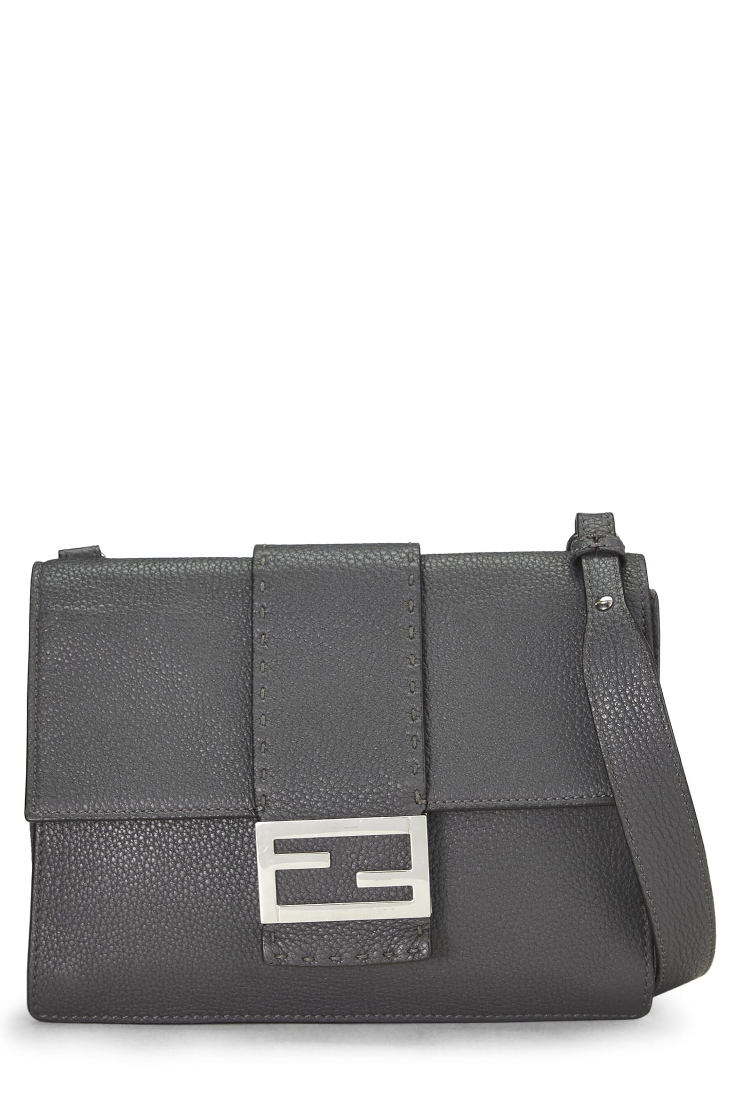 Fendi,  Grey Leather Flat Baguette Bag Medium, Grey