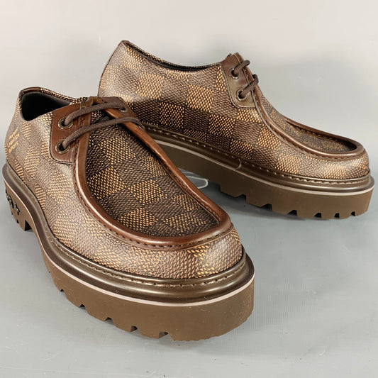 LOUIS VUITTON Size 10 Ranger Derby Brown Beige Coated Canvas Chunky Sole Moccasin Lace-Up Shoes