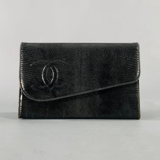 CHANEL Rare Vintage Late-1980s Black Gold Lizard Leather Cross Body Clutch Handbag