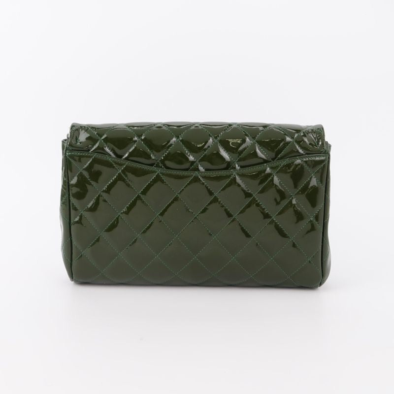 Chanel Envelope Clutch with Chains Shoulder Bag Dark Green Patent Leather