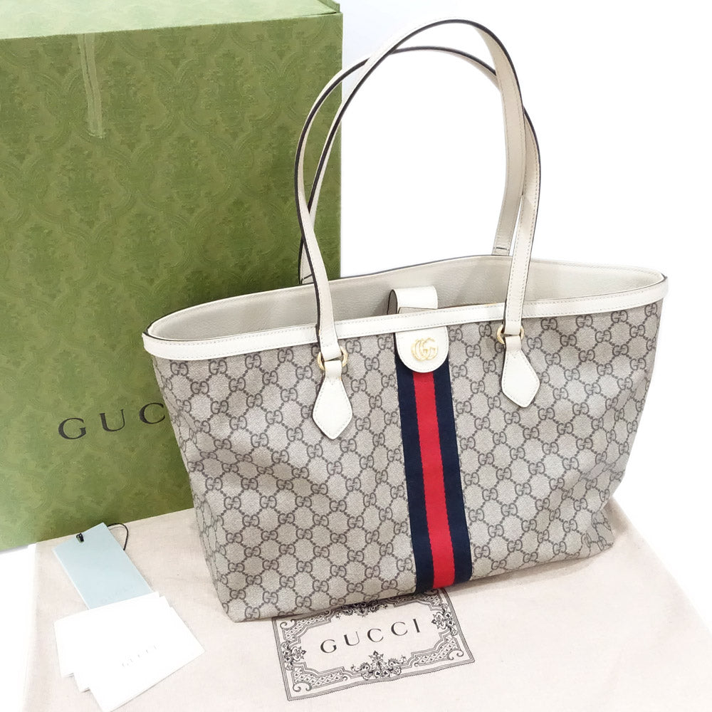 Gucci Ophidia GG Supreme Medium Sy Line Tote Bag PVC White 631685