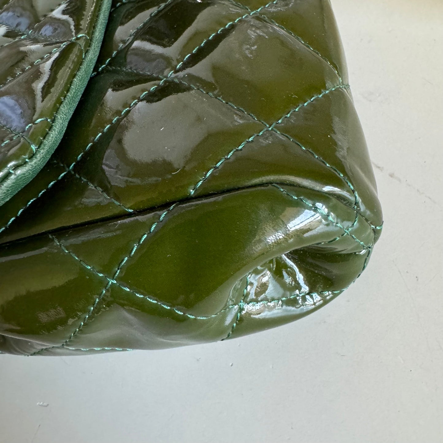 Chanel Envelope Clutch with Chains Shoulder Bag Dark Green Patent Leather