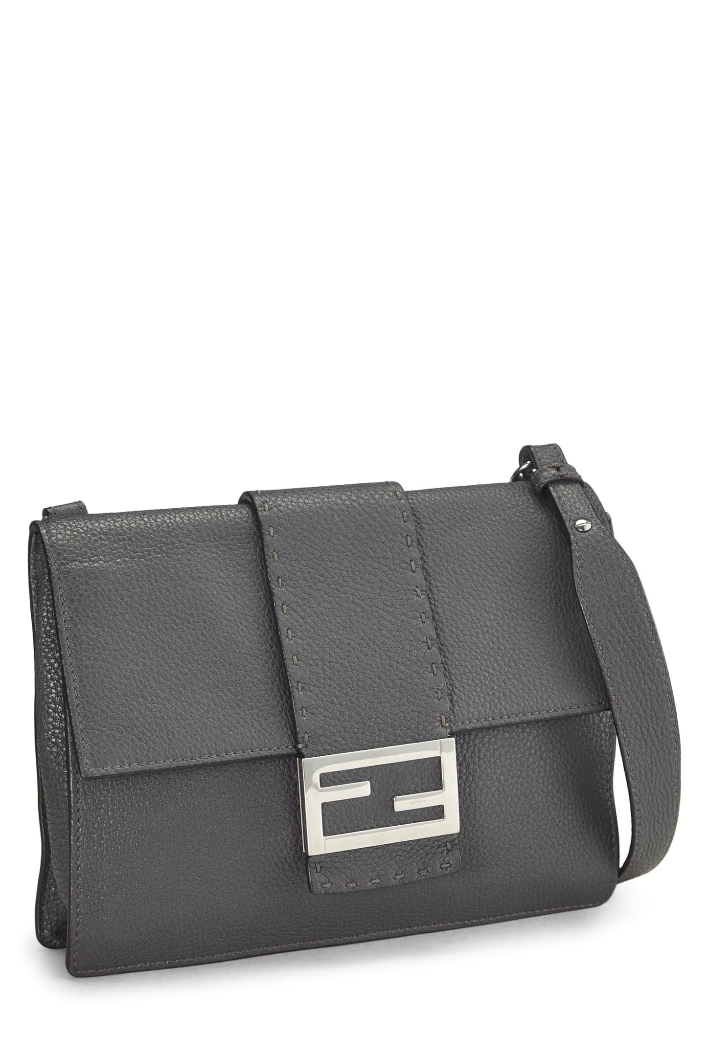 Fendi,  Grey Leather Flat Baguette Bag Medium, Grey