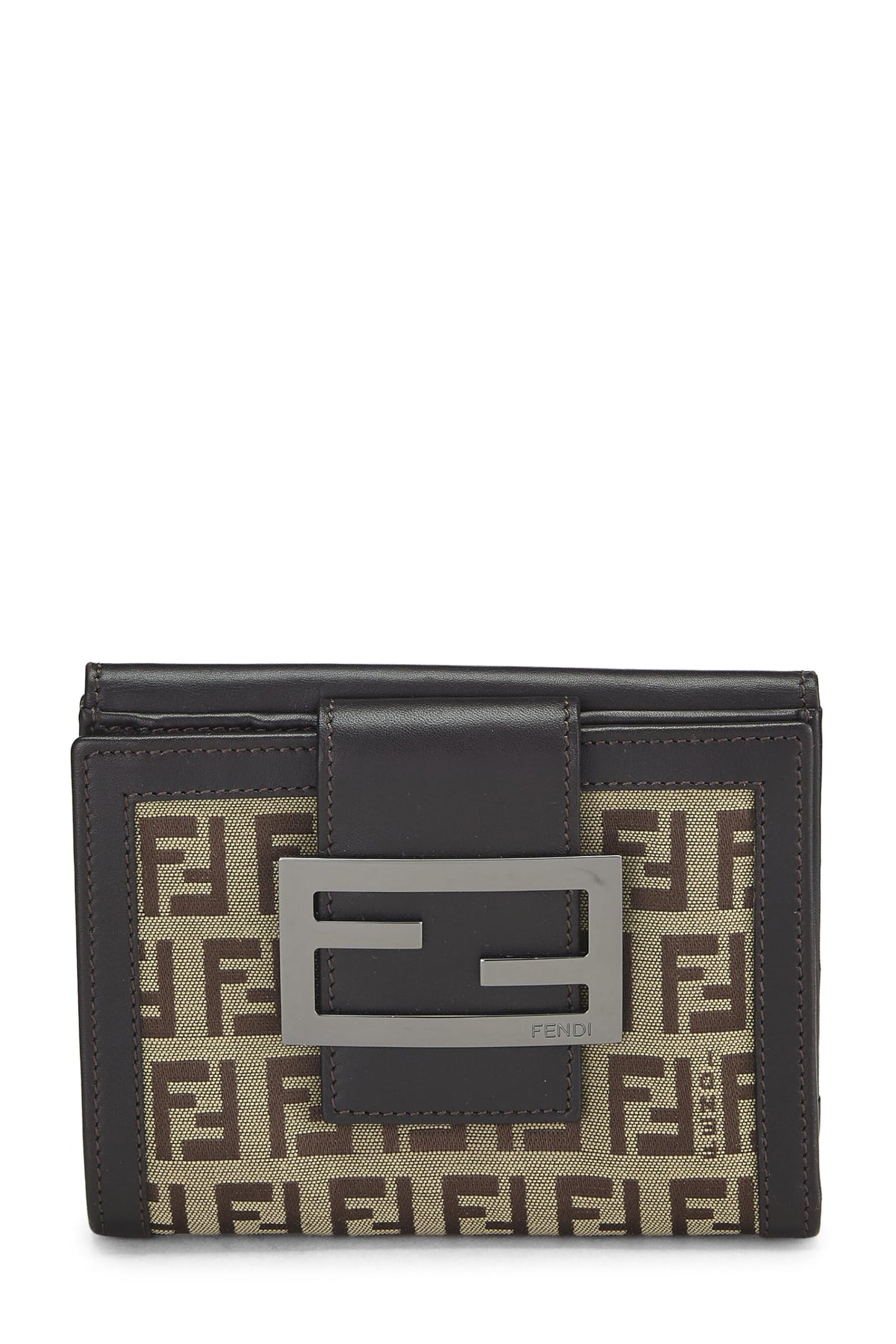 Fendi,  Brown Zucchino Canvas Compact Wallet, Brown