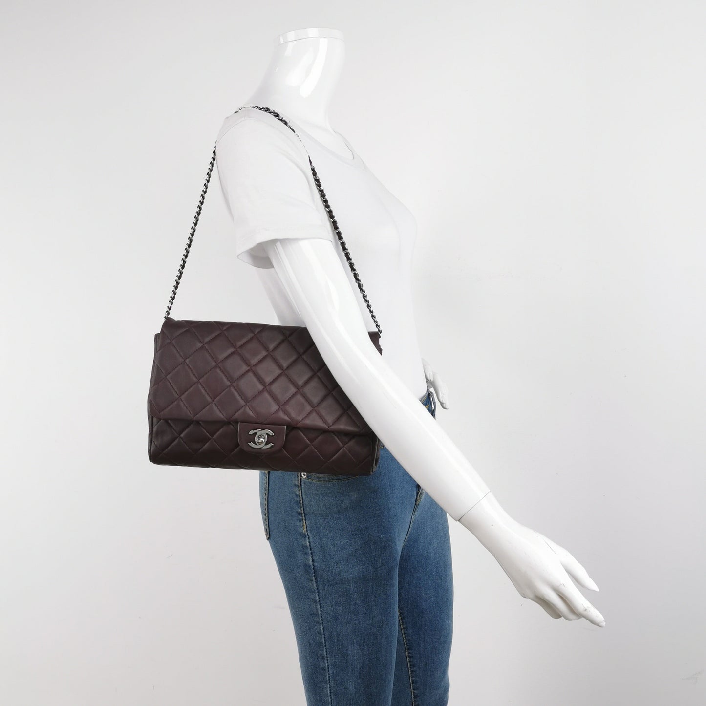 Chanel Envelope Clutch Shoulder Bag Burgundy Wine Lambskin Leather Silver Hardware