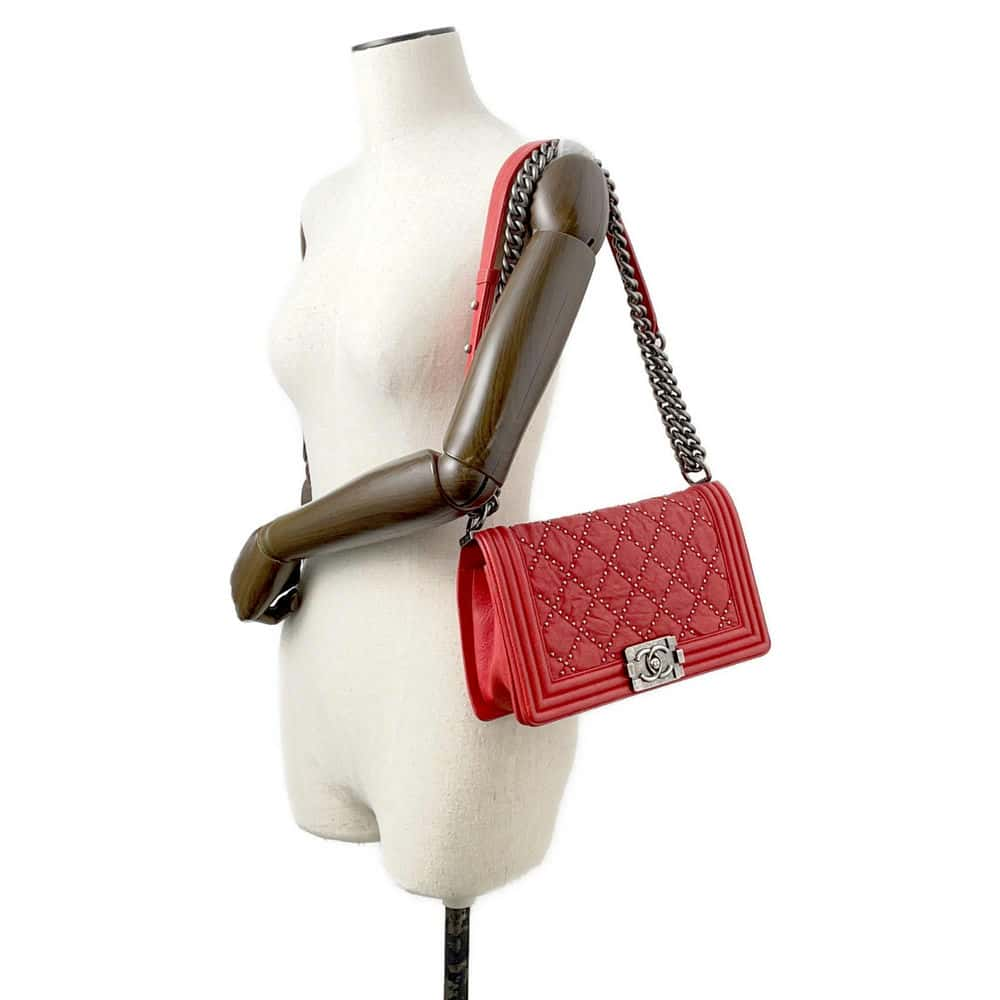 CHANEL Boy Chanel ChainShoulder Studded Red A67086 Vintage calf Size 25