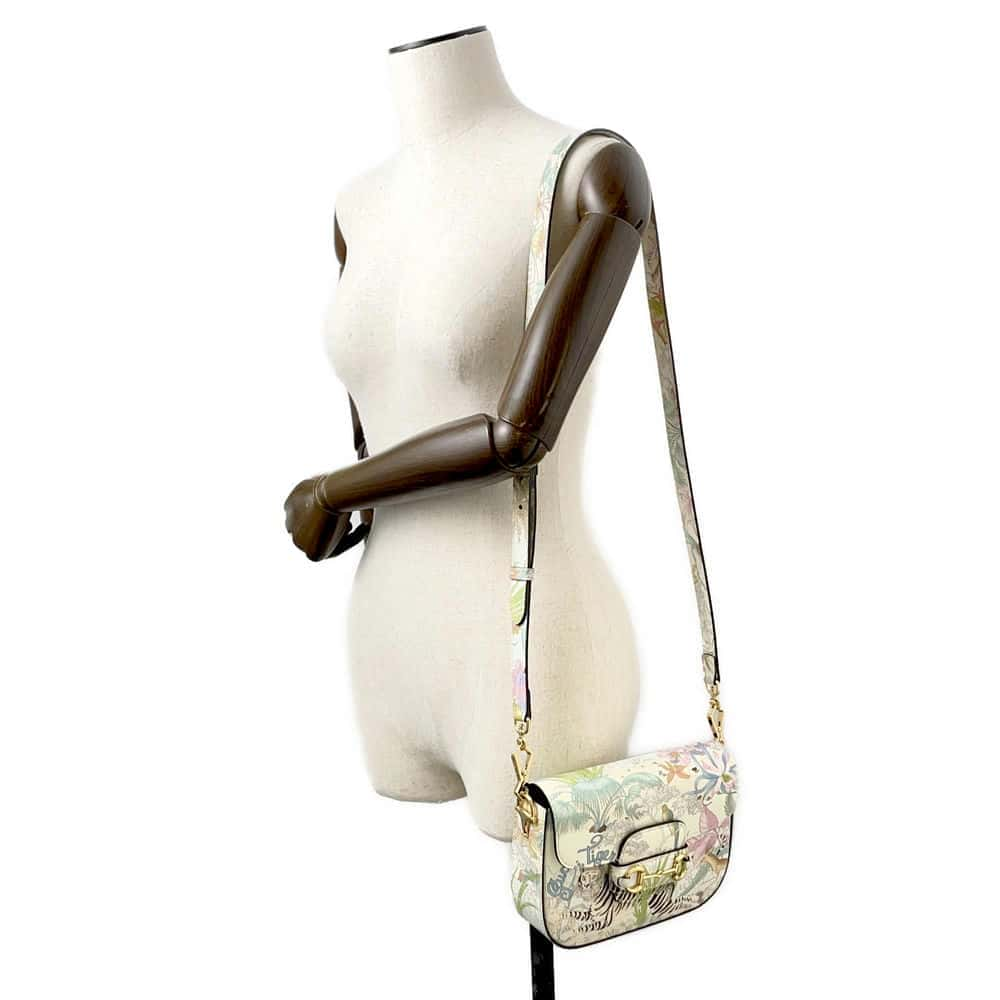 GUCCI Horsebit 1955 Animal Print Shoulder Bag Ivory/Multicolor 677266 Leather