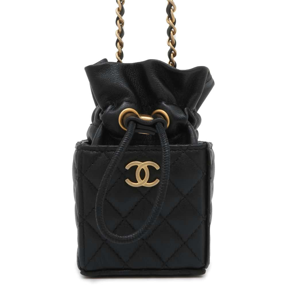 CHANEL Matelasse MiniDrawstring Bag ChainShoulder Bag Black Lambskin