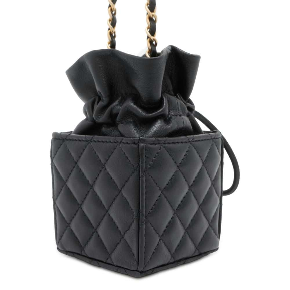 CHANEL Matelasse MiniDrawstring Bag ChainShoulder Bag Black Lambskin