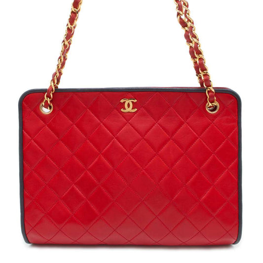 CHANEL Matelasse Chain Shoulder Bag Red/Navy Lambskin