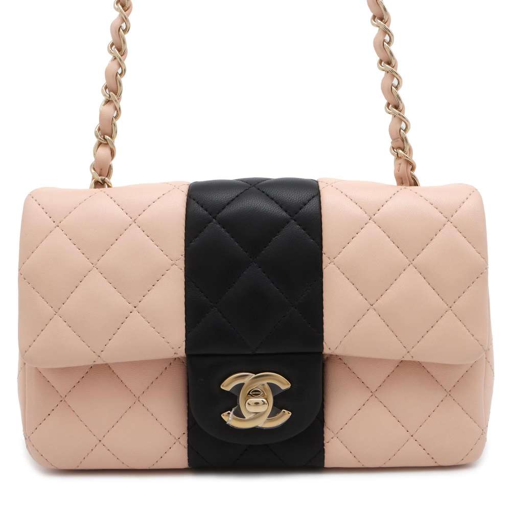 CHANEL Mini Matelasse Chain Shoulder Bag Pink/Black A69900 Lambskin Size 20