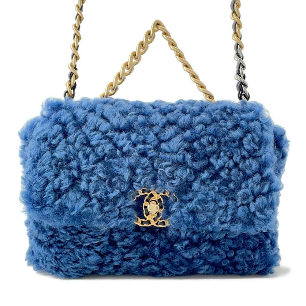 CHANEL 19 Chain Shoulder Bag Blue Fur