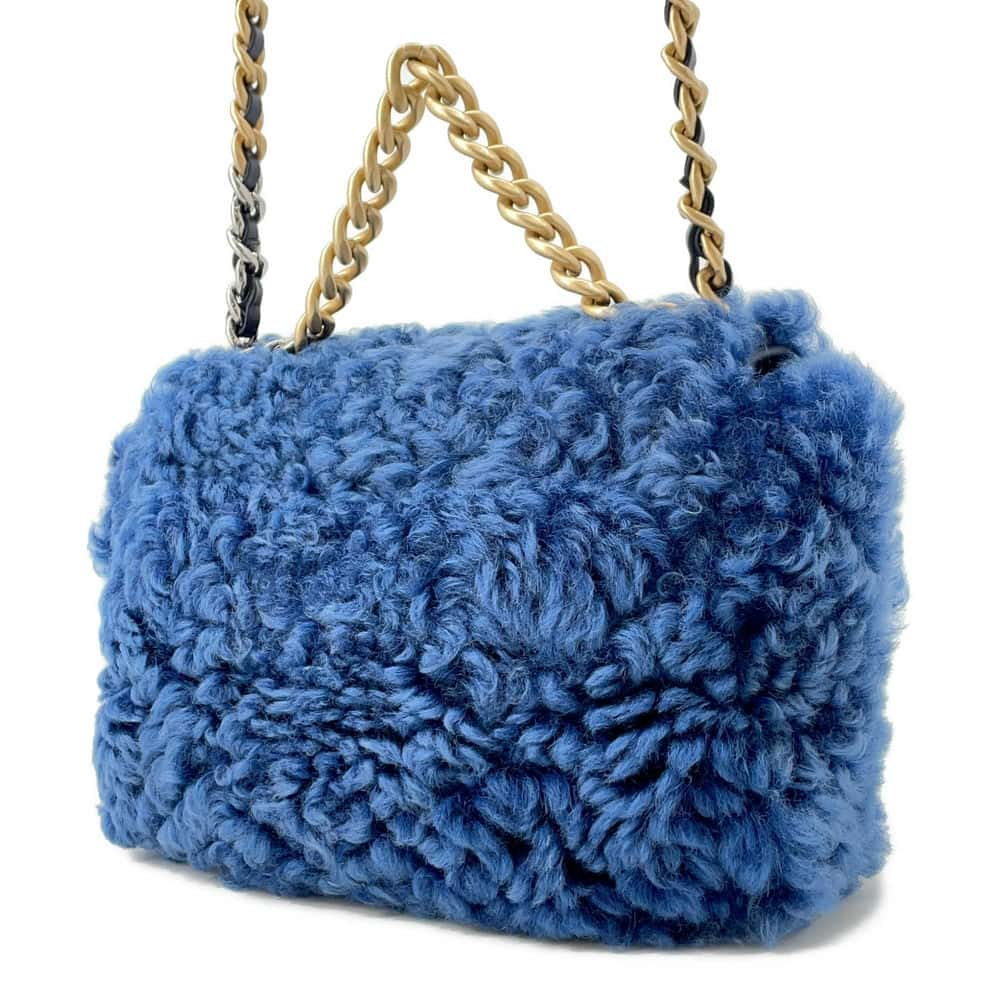 CHANEL 19 Chain Shoulder Bag Blue Fur