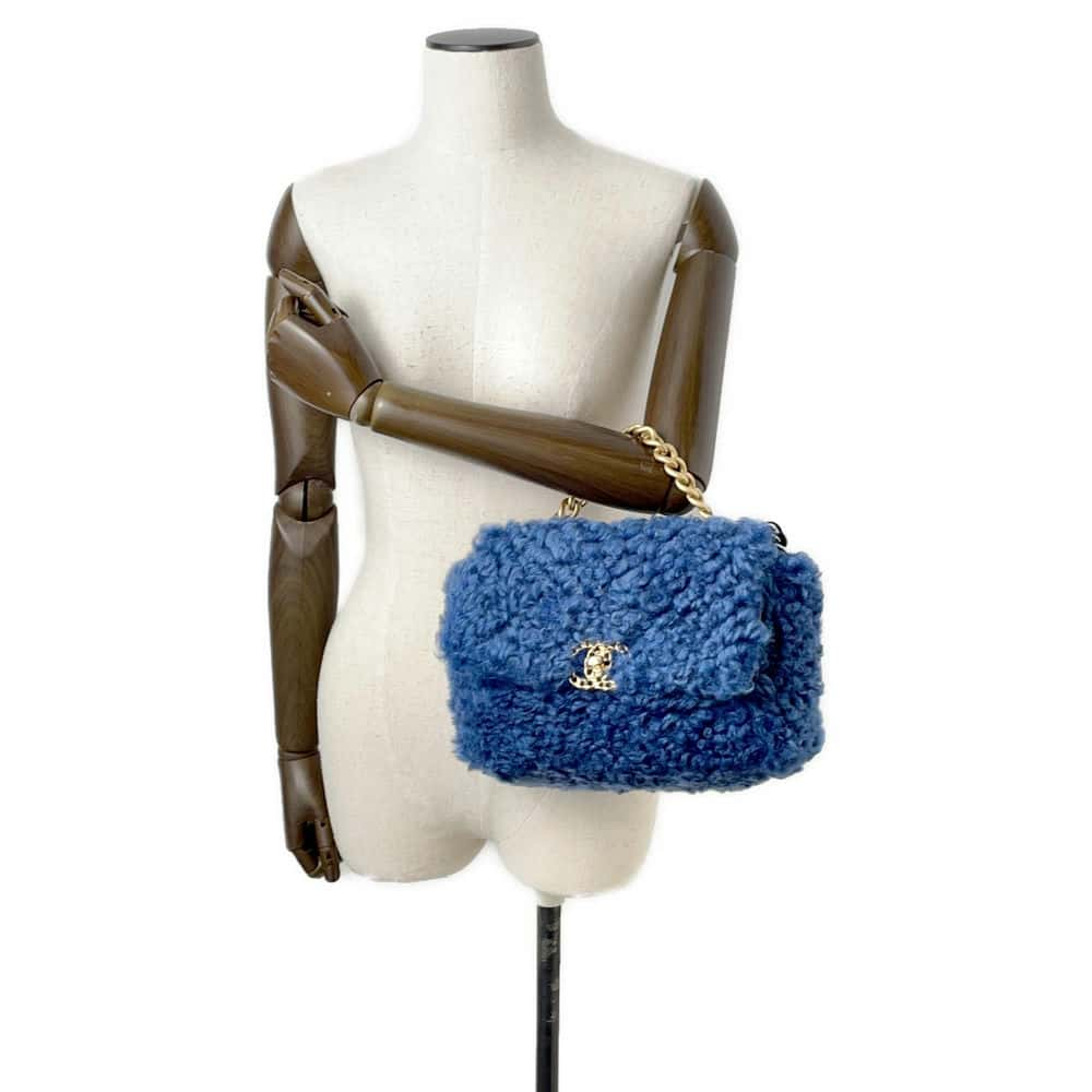 CHANEL 19 Chain Shoulder Bag Blue Fur