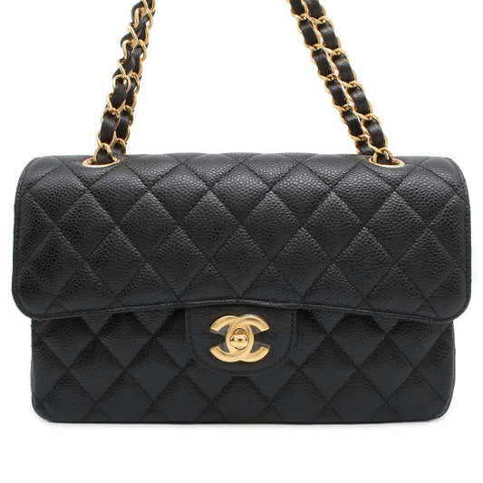 CHANEL Matelasse W flap WChainShoulder Bag Black A01113 Caviar Leather Size 23