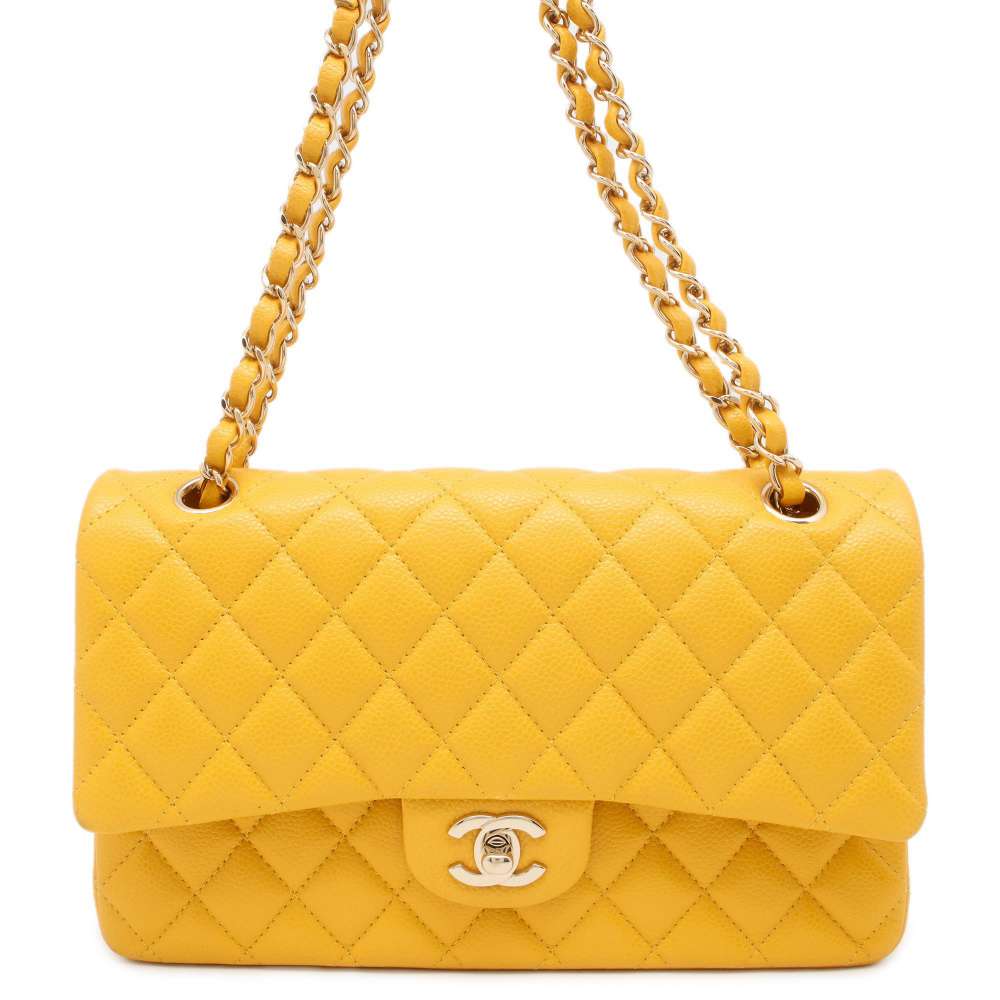 CHANEL Matelasse W Flap W Chain Shoulder Yellow A01112 Caviar Leather Size 25