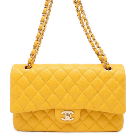 CHANEL Matelasse W Flap W Chain Shoulder Yellow A01112 Caviar Leather Size 25