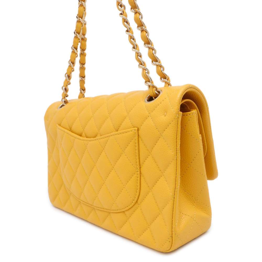 CHANEL Matelasse W Flap W Chain Shoulder Yellow A01112 Caviar Leather Size 25