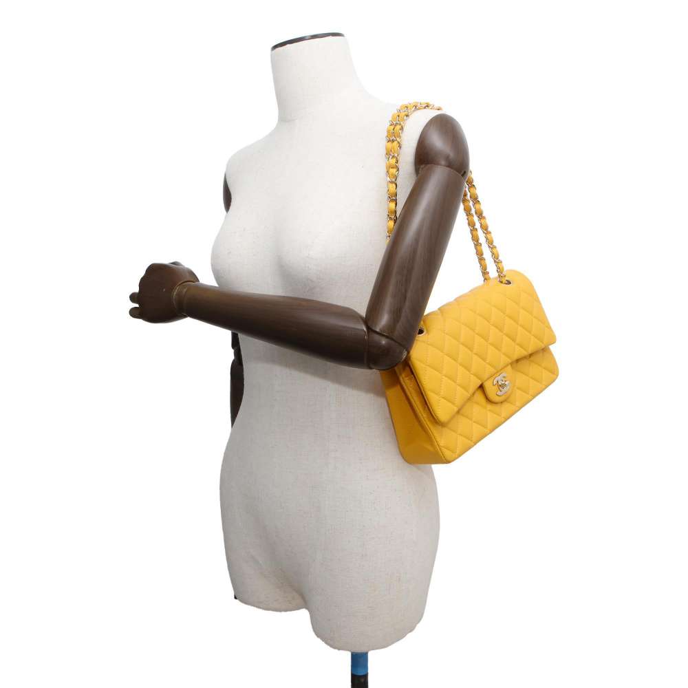 CHANEL Matelasse W Flap W Chain Shoulder Yellow A01112 Caviar Leather Size 25