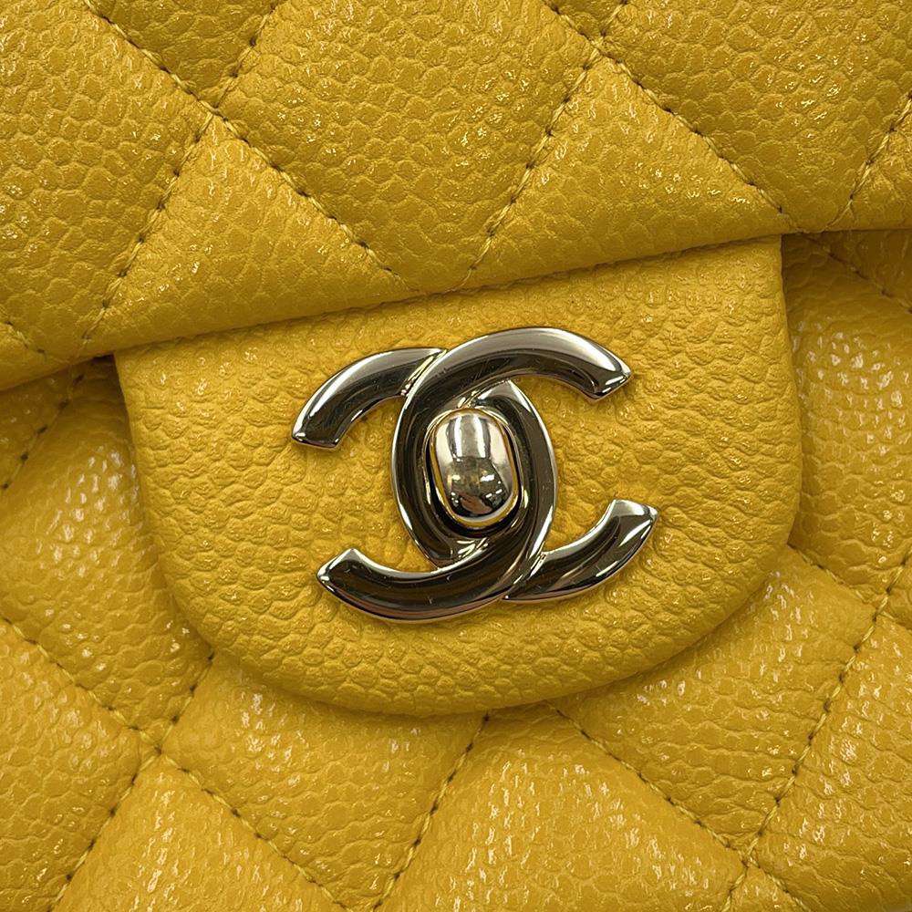 CHANEL Matelasse W Flap W Chain Shoulder Yellow A01112 Caviar Leather Size 25