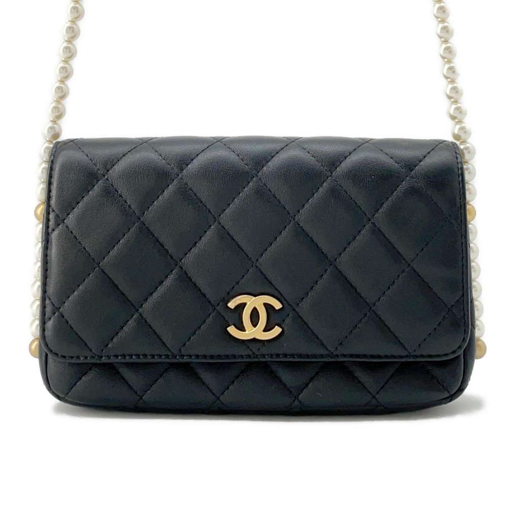 CHANEL Matelasse Classic Pearl Shoulder Bag Black Lambskin