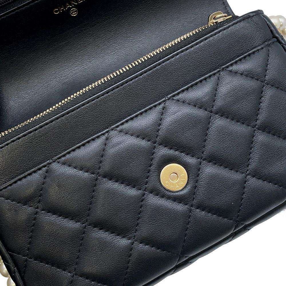 CHANEL Matelasse Classic Pearl Shoulder Bag Black Lambskin