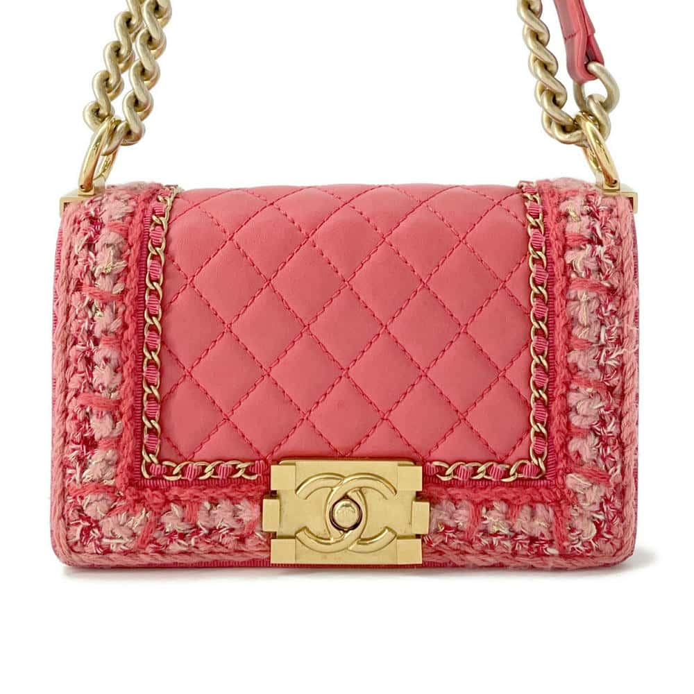 CHANEL Boy Chanel ChainShoulder Bag Pink Tweed Lambskin Size 20