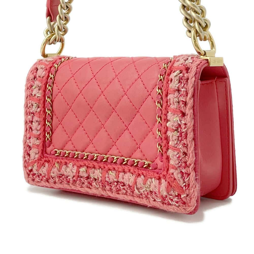 CHANEL Boy Chanel ChainShoulder Bag Pink Tweed Lambskin Size 20