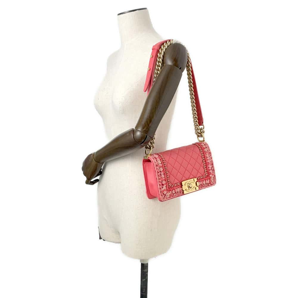 CHANEL Boy Chanel ChainShoulder Bag Pink Tweed Lambskin Size 20