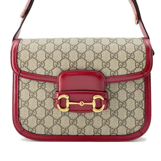 GUCCI GG Supreme Horsebit 1955 Shoulder Bag Beige/Red 602204 GG SupremeCanvas Leather