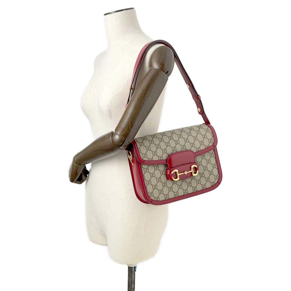 GUCCI GG Supreme Horsebit 1955 Shoulder Bag Beige/Red 602204 GG SupremeCanvas Leather