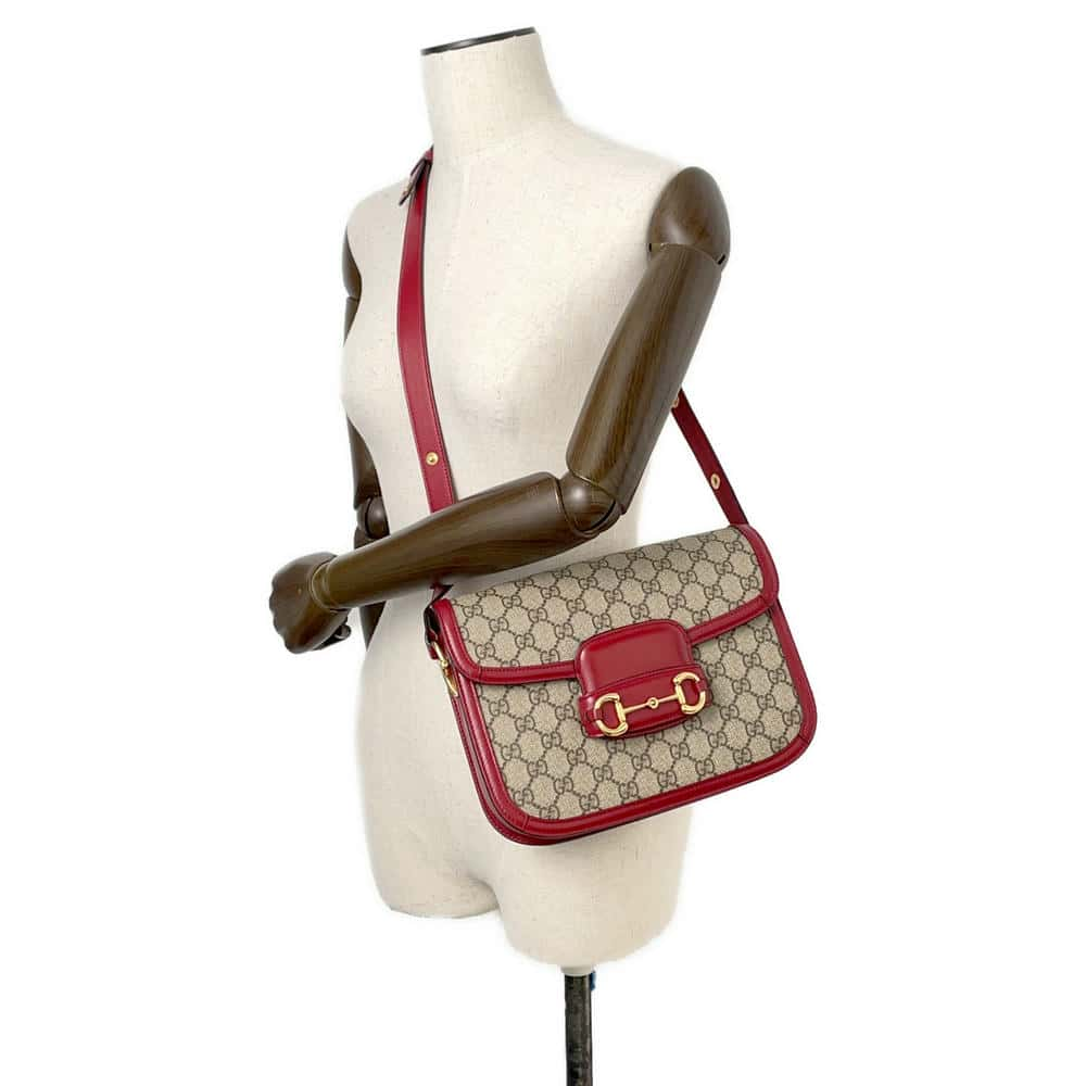 GUCCI GG Supreme Horsebit 1955 Shoulder Bag Beige/Red 602204 GG SupremeCanvas Leather