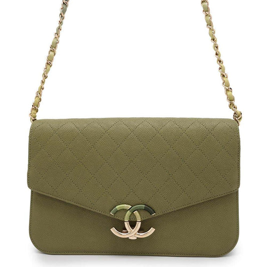 CHANEL ChainShoulder Bag Khaki Caviar Leather