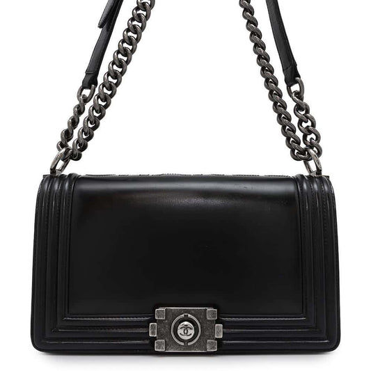 CHANEL Boy Chanel ChainShoulder Bag Black Calf Leather