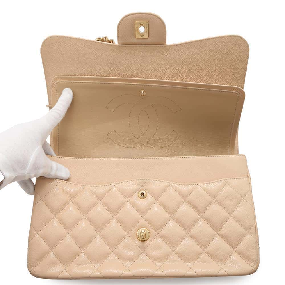 CHANEL Matelasse Double Flap ChainShoulder Bag Beige Caviar Leather