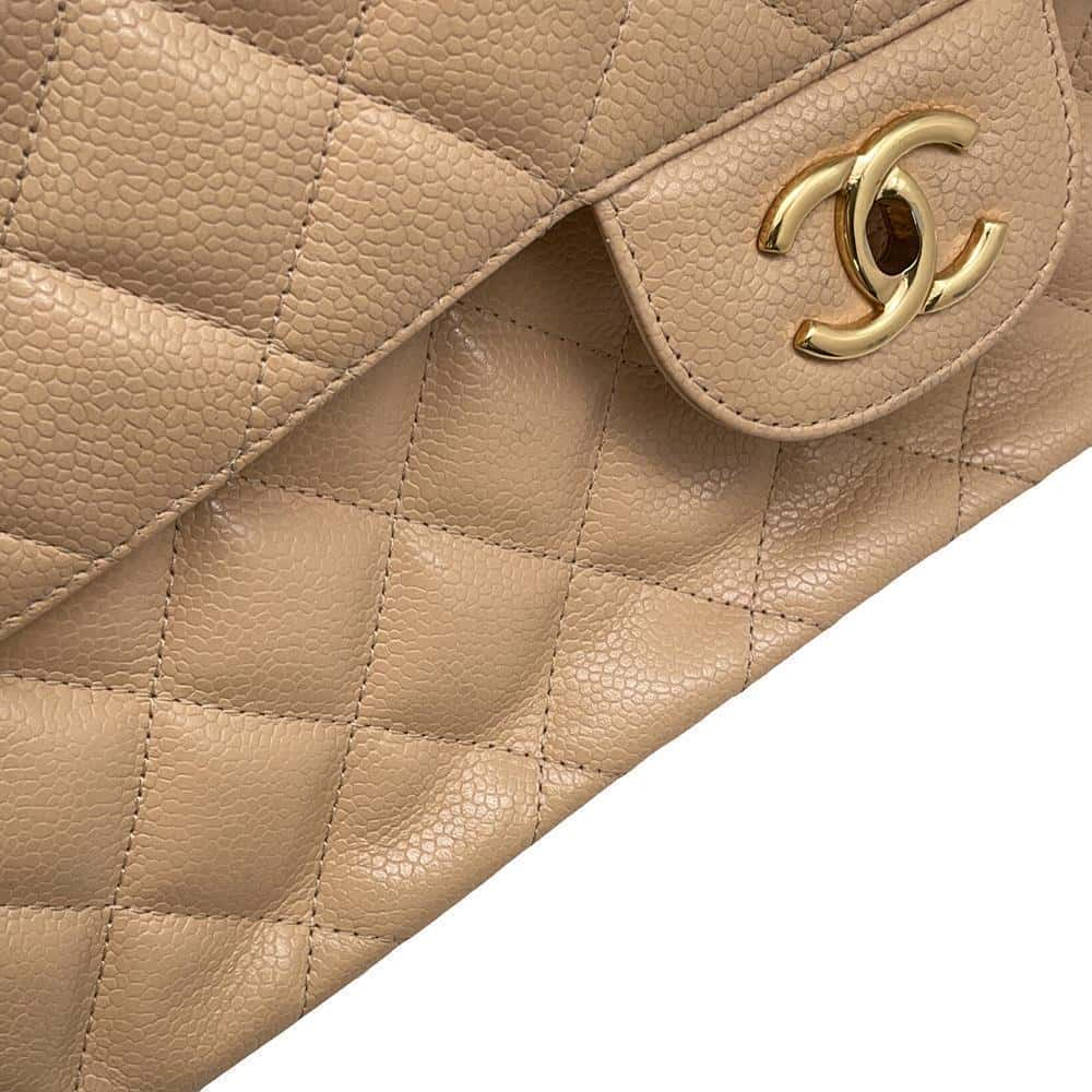 CHANEL Matelasse Double Flap ChainShoulder Bag Beige Caviar Leather